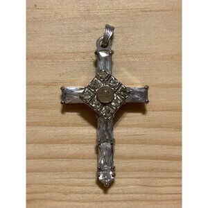 Silver Cross Pendant With Cat Eye Stones Unique Religious Jewelry